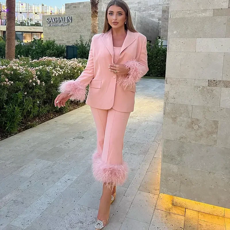 Women's Single-Button Notch Lapel Blazer and Straight-Leg Pants Dressy Set | Two-Piece