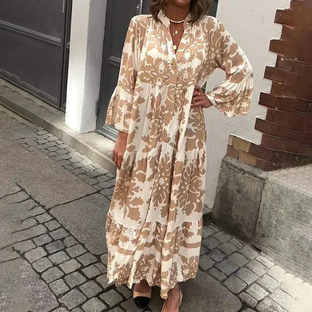 Women's Boho Maxi Dress with Flowing Design and Printed Pattern