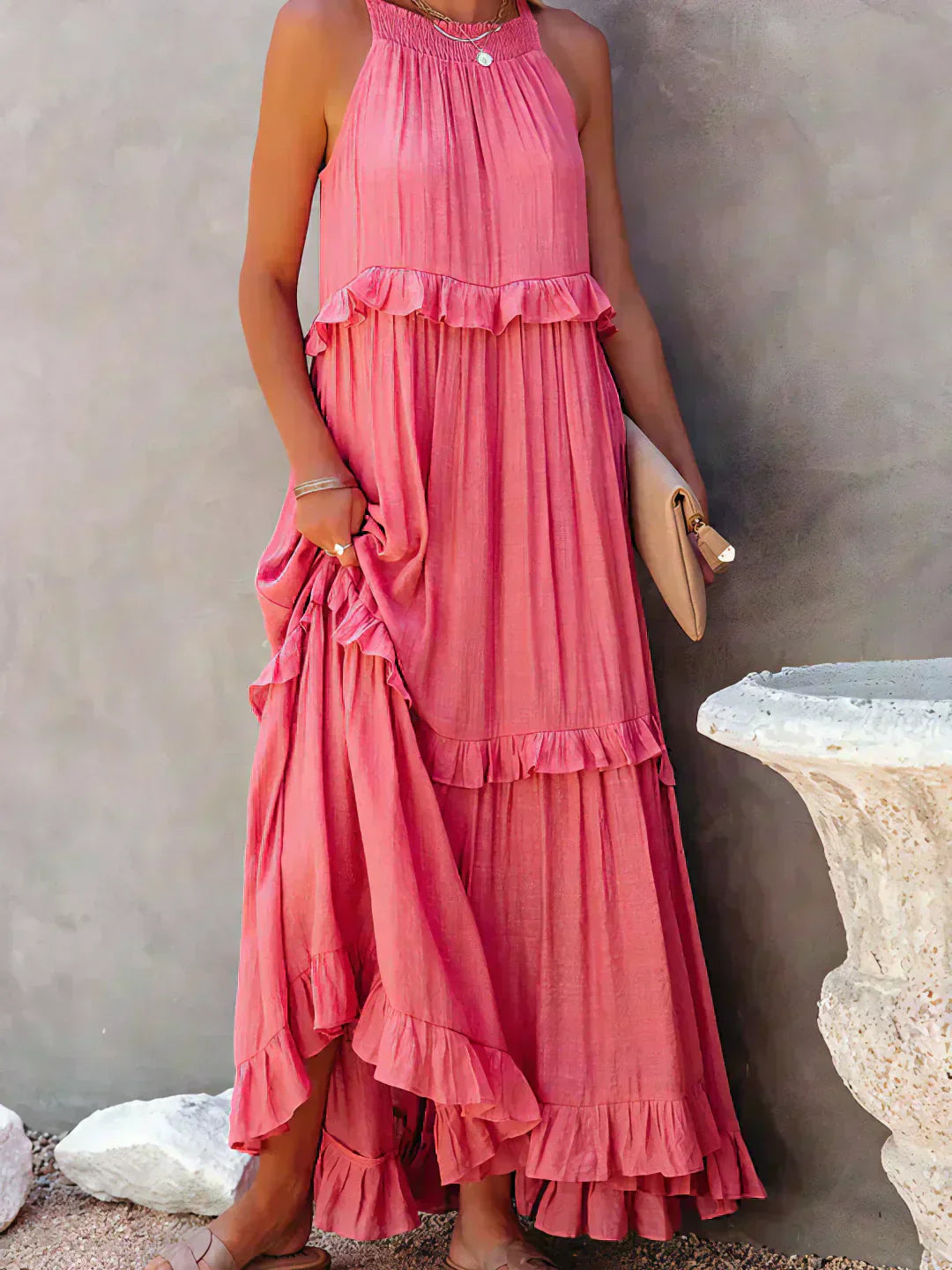 Women's Sleeveless Dress with Ruffles and Flowy Design