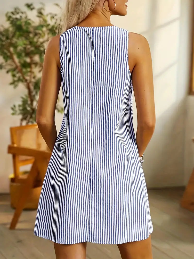 Women's Striped Summer Dress with Pockets and Sleeveless Design