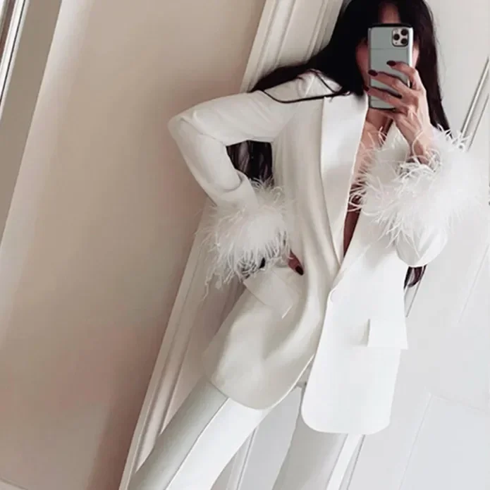 Women's Single-Button Notch Lapel Blazer and Straight-Leg Pants Dressy Set | Two-Piece