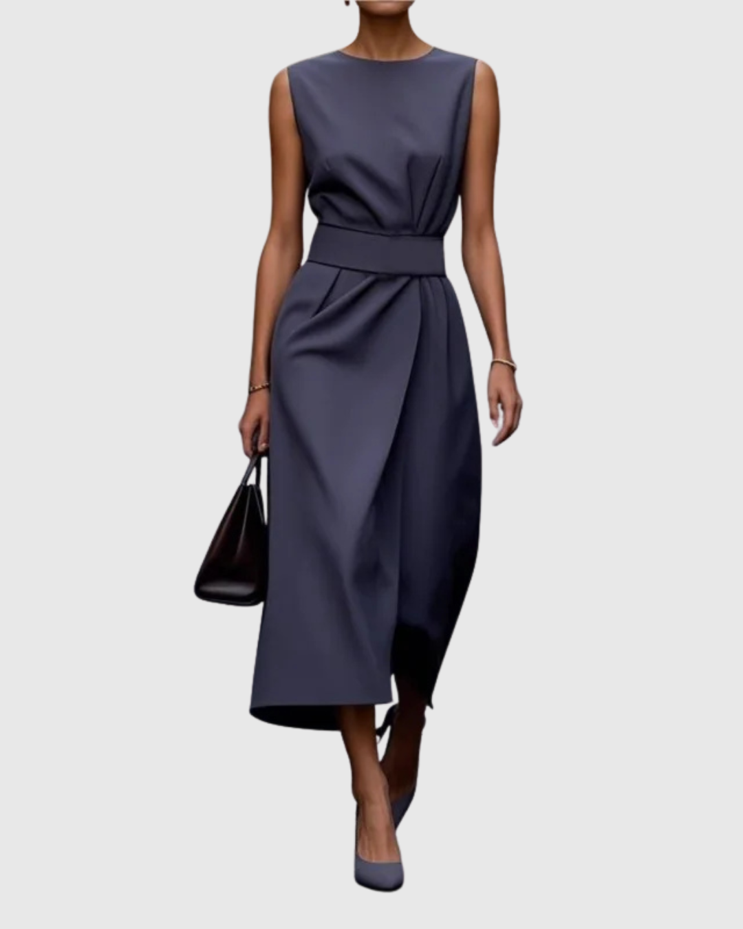 Women's Sleeveless Midi Dress with Round Neck and Twisted Detail