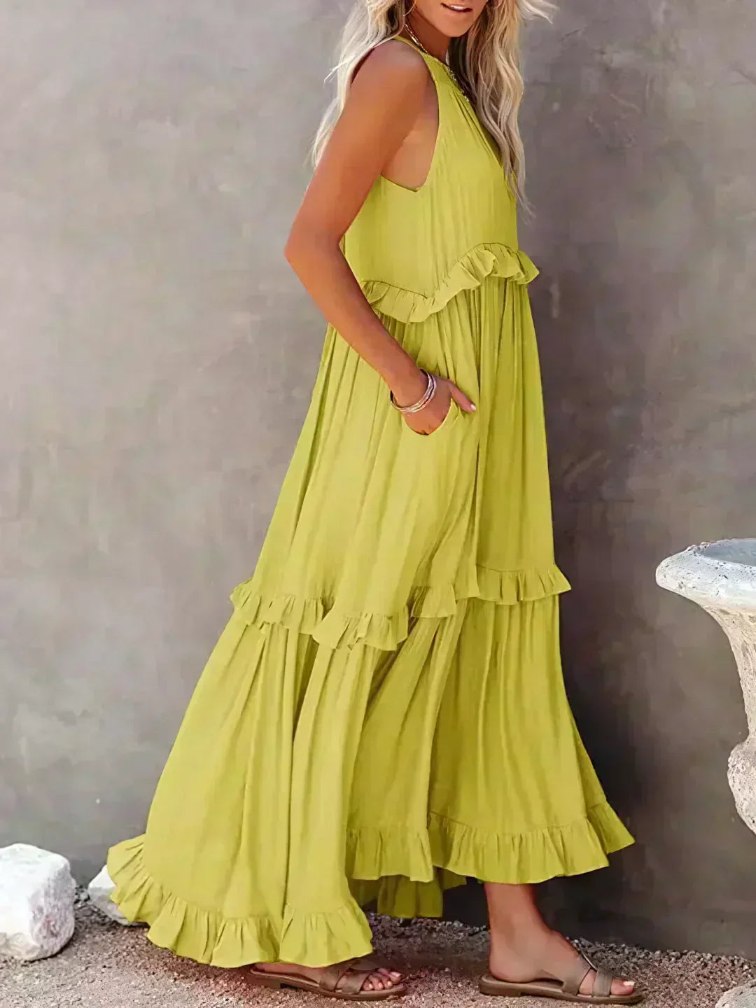 Women's Sleeveless Dress with Ruffles and Flowy Design