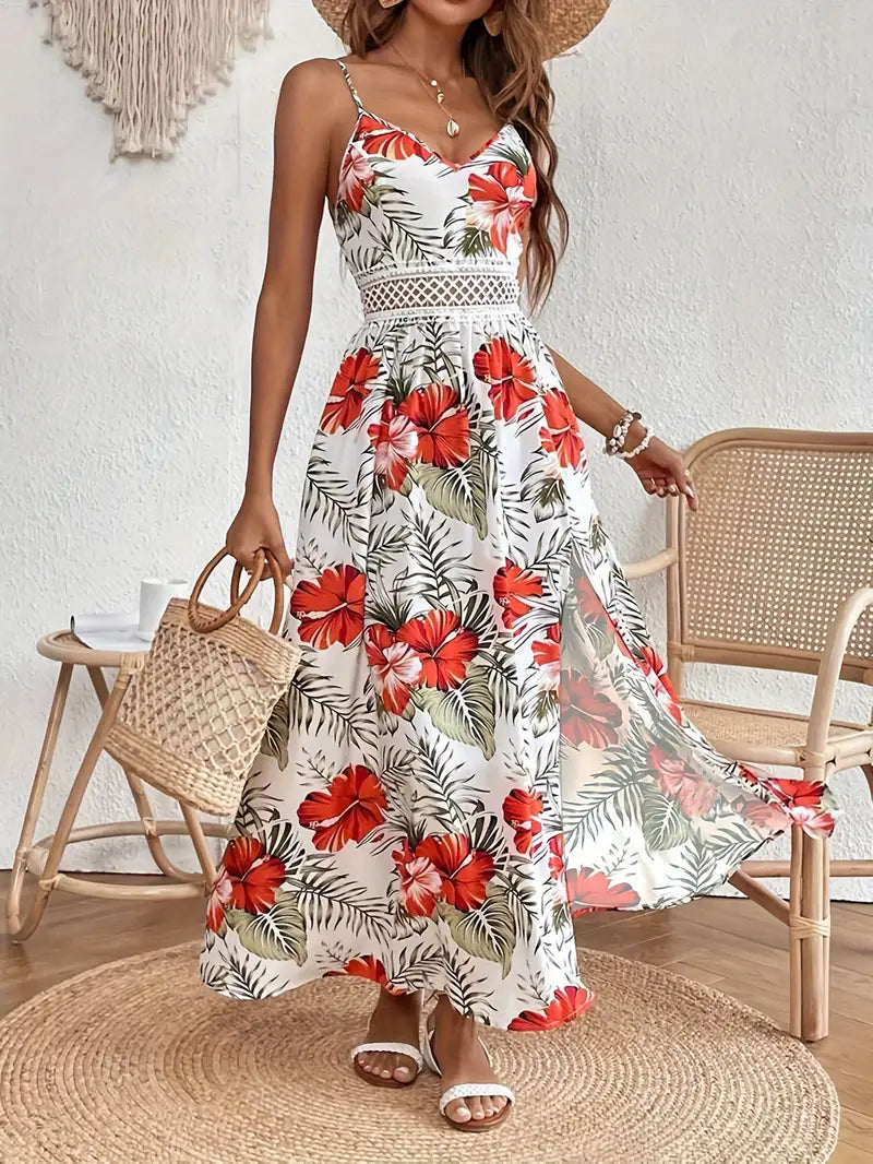 Women's Floral Midi Dress with Short Sleeves and A-Line Silhouette