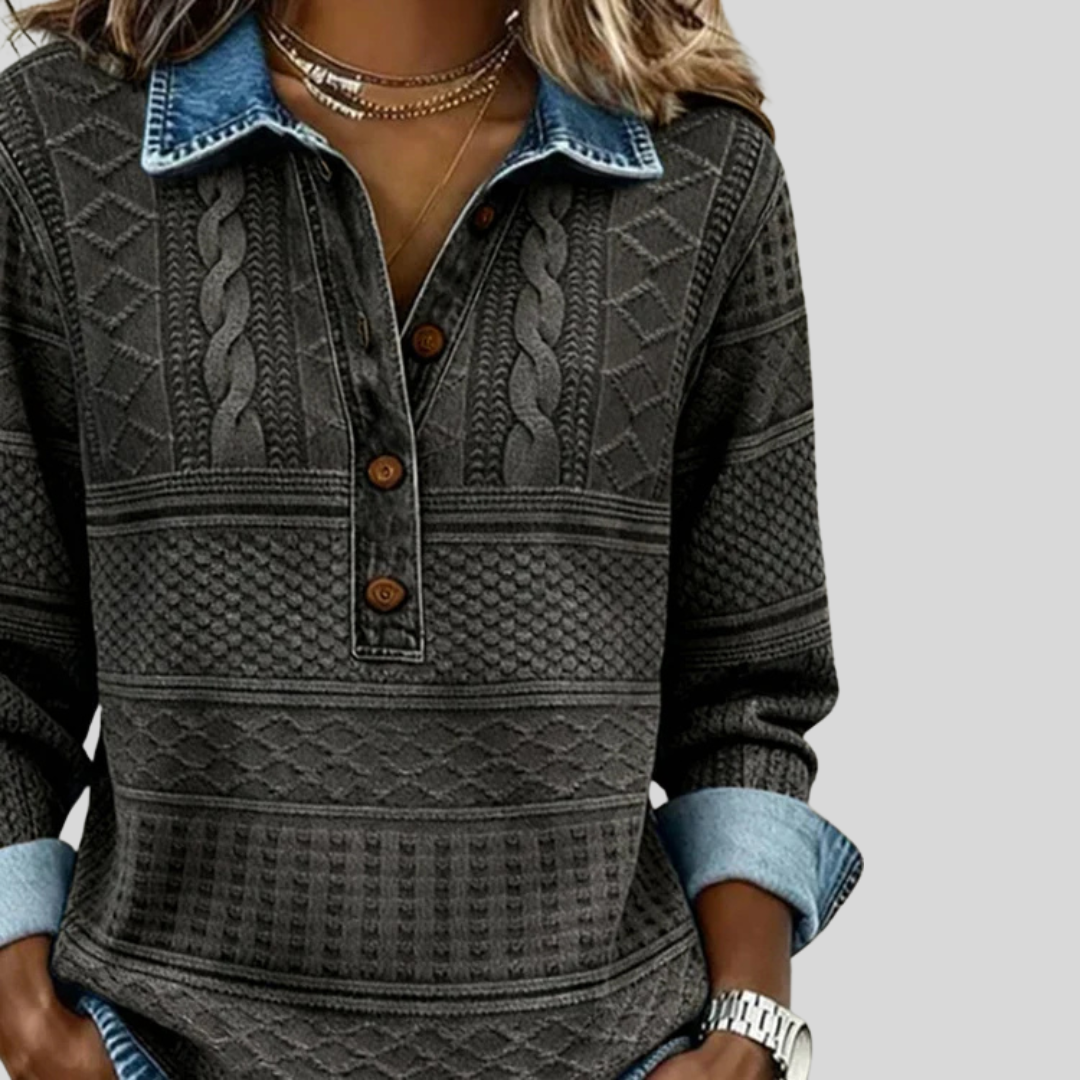 Velmora™ - Textured Knit Button-Collar Top