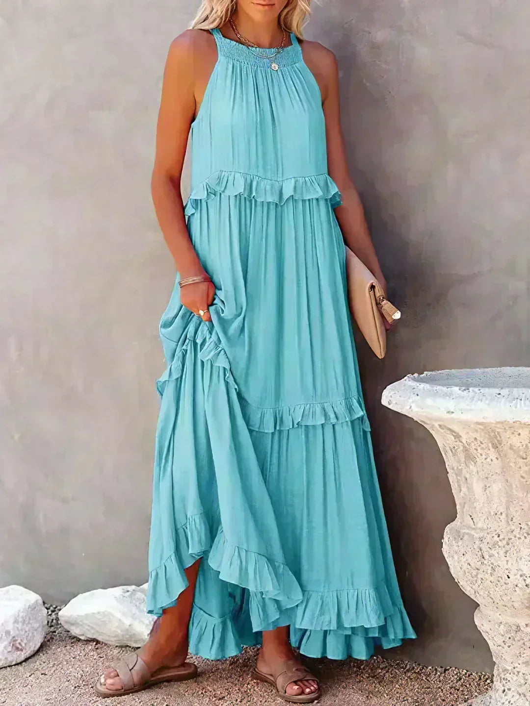 Women's Sleeveless Dress with Ruffles and Flowy Design
