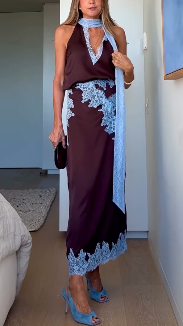 Women's Lace Panel Top and Skirt Set with Stylish Design and Versatile Fit