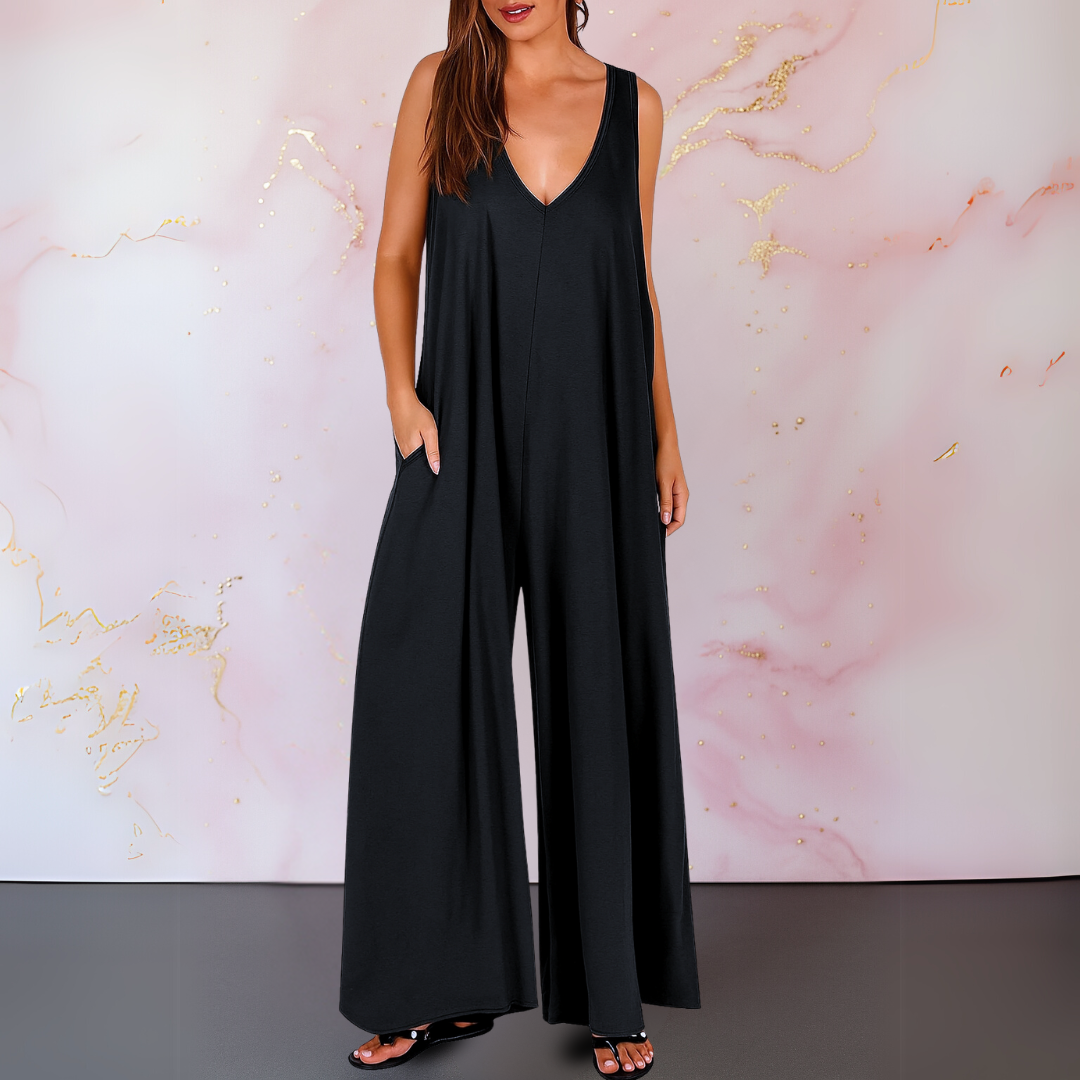Women's V-Neck Sleeveless Jumpsuit with Wide Legs and Pockets