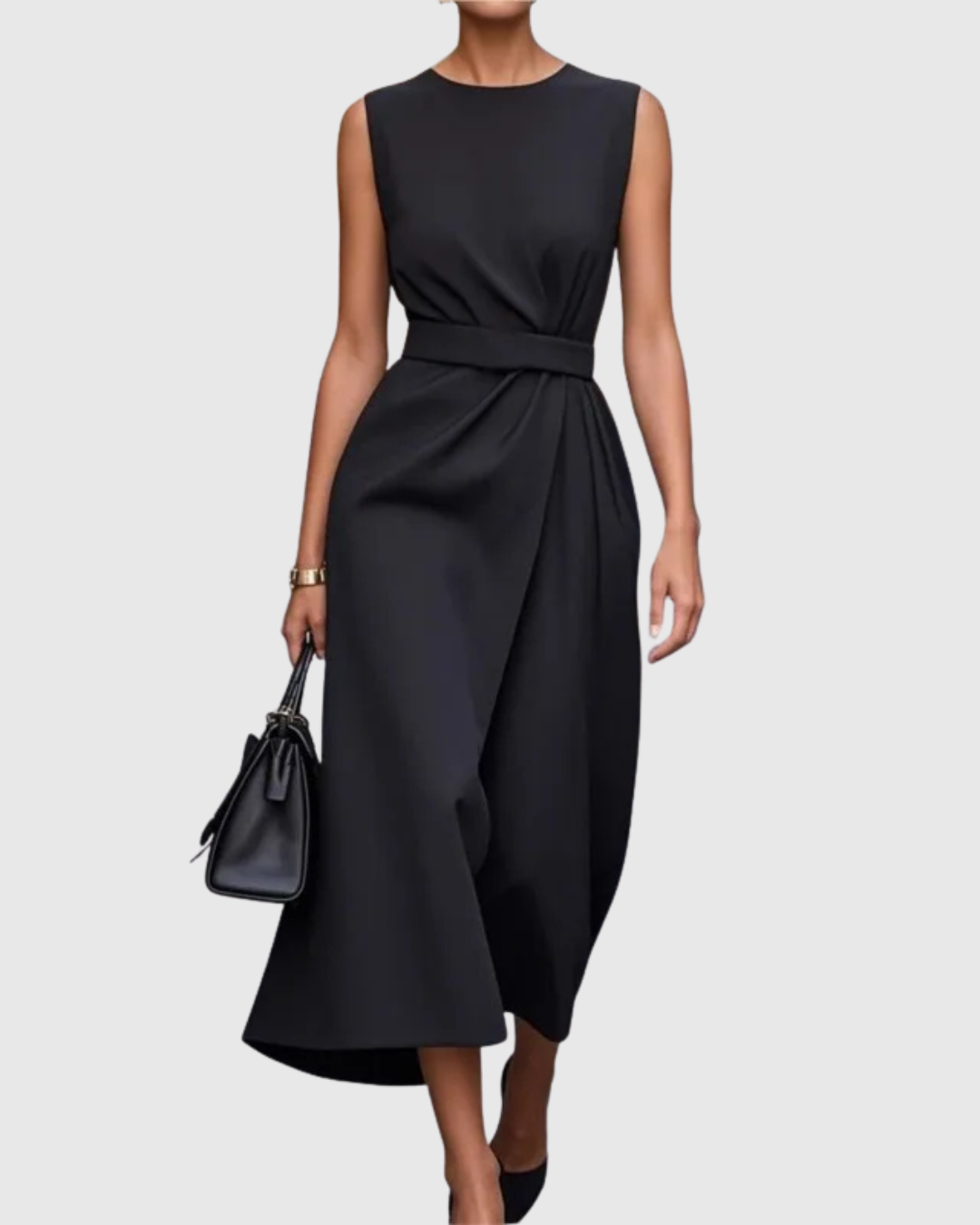 Women's Sleeveless Midi Dress with Round Neck and Twisted Detail