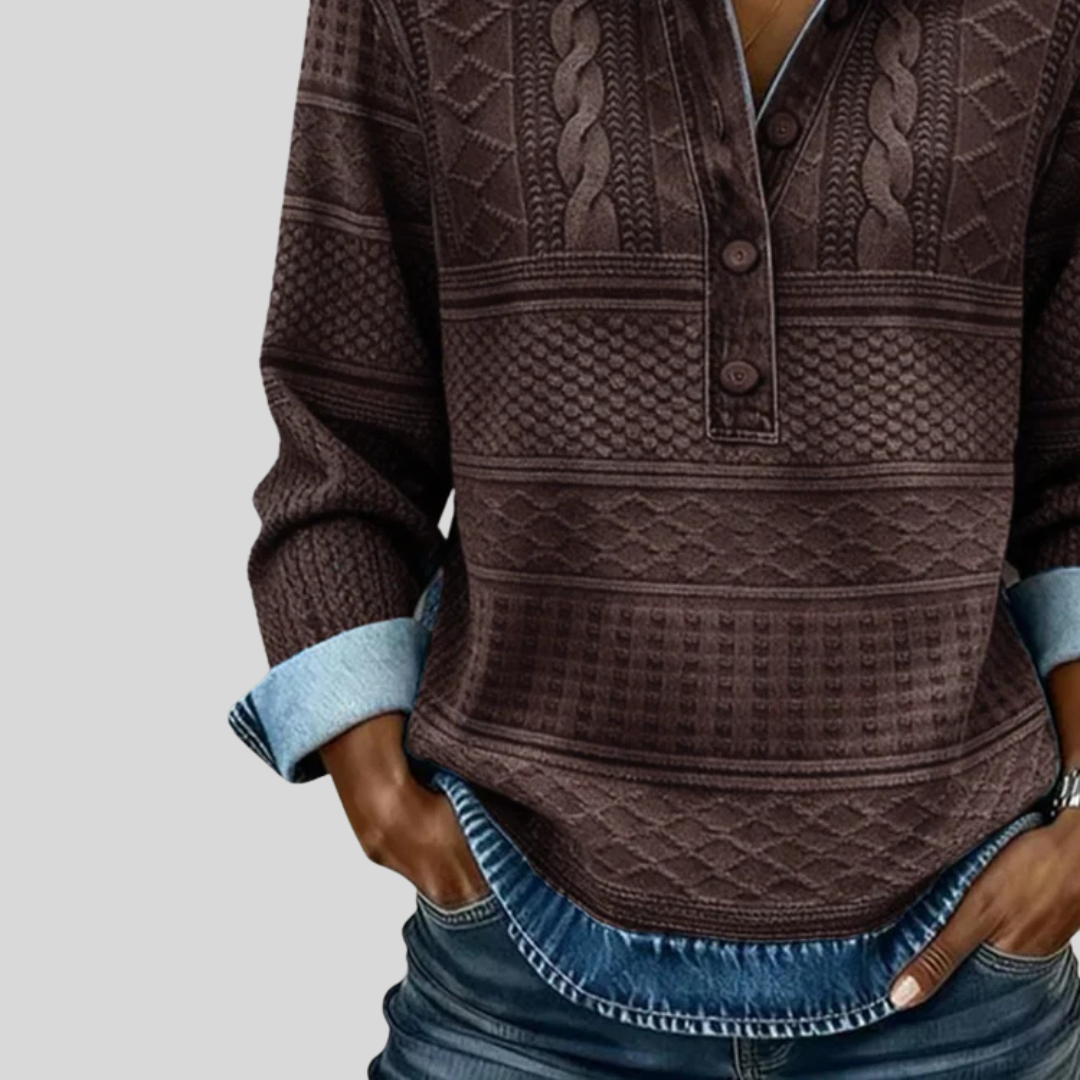 Velmora™ - Textured Knit Button-Collar Top