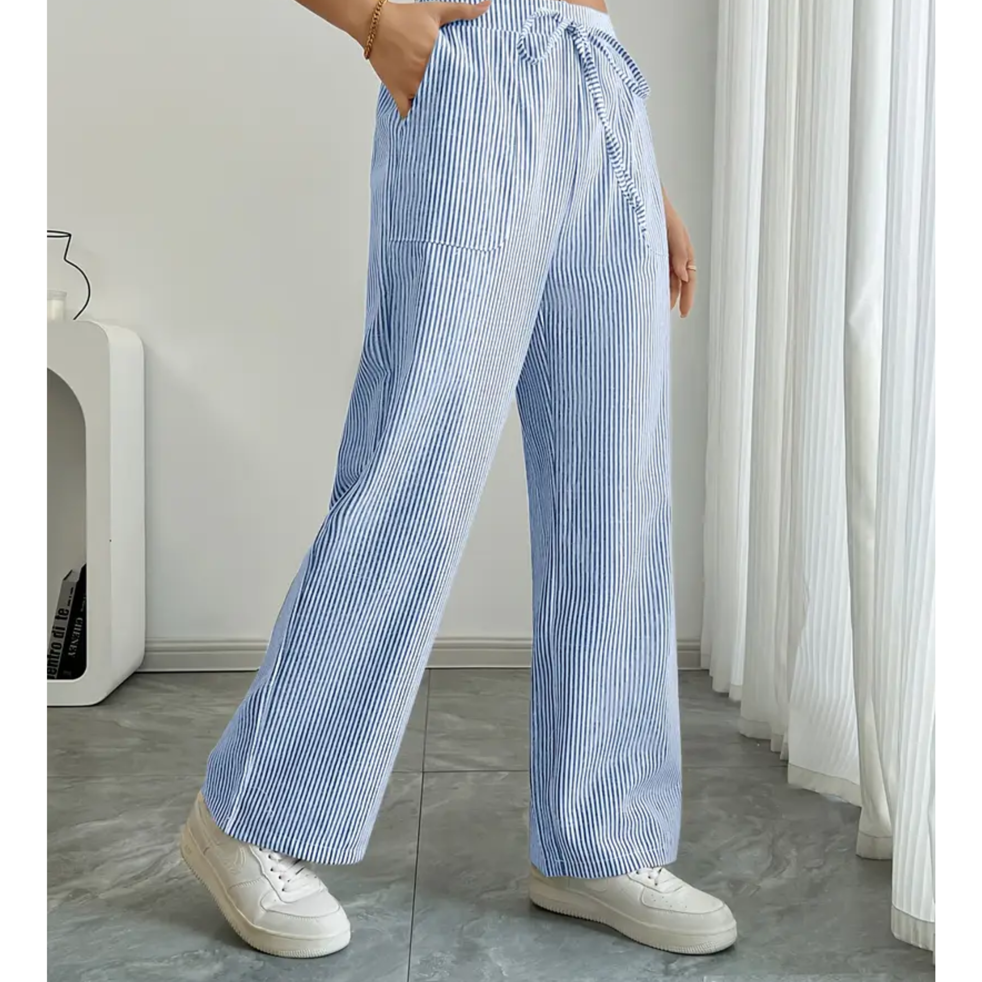 Women's Striped Trousers with Pockets and Relaxed Fit