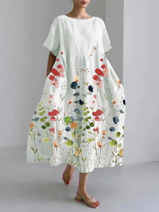 Women's Long Floral Dress with Lightweight Fabric and Relaxed Fit