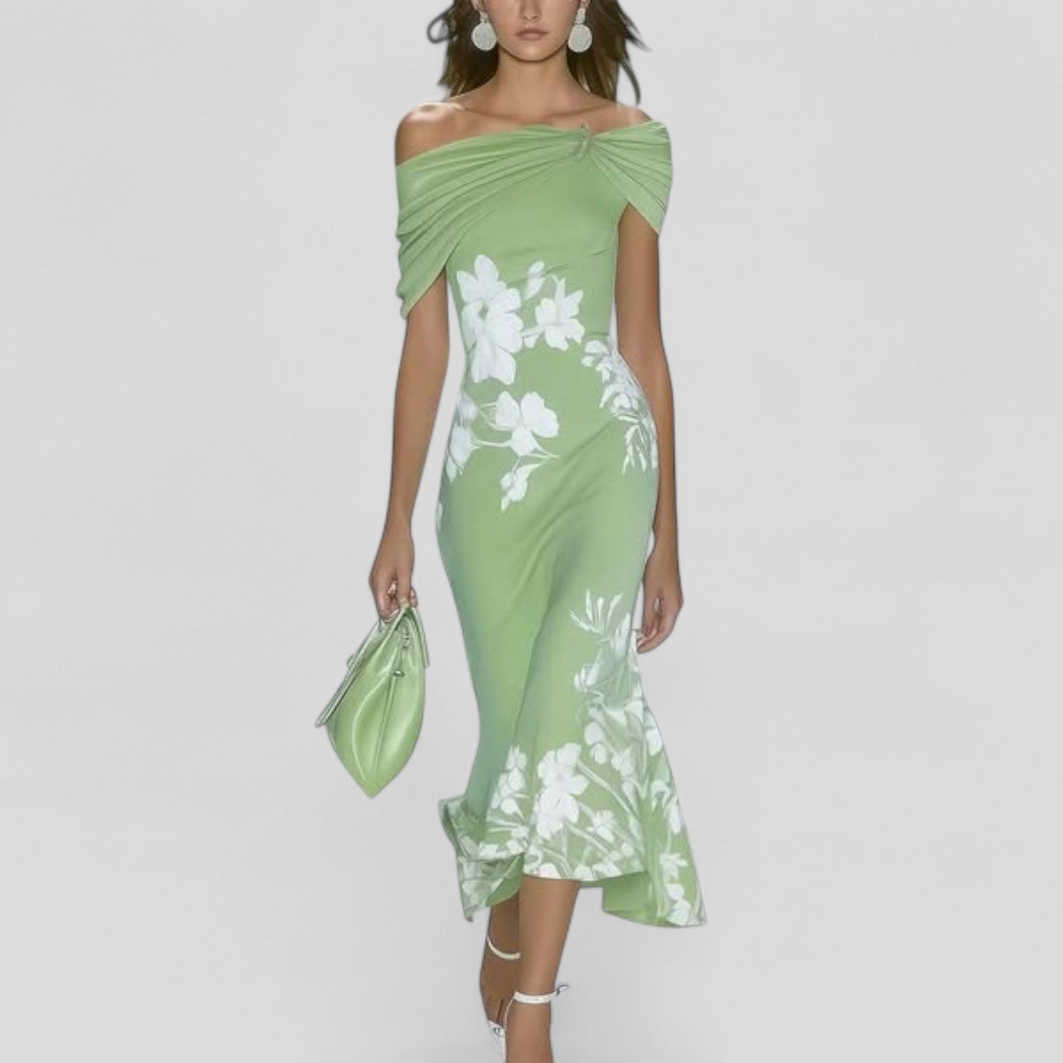Women's Off-Shoulder Midi Dress with Ruffle Hem and Floral Print