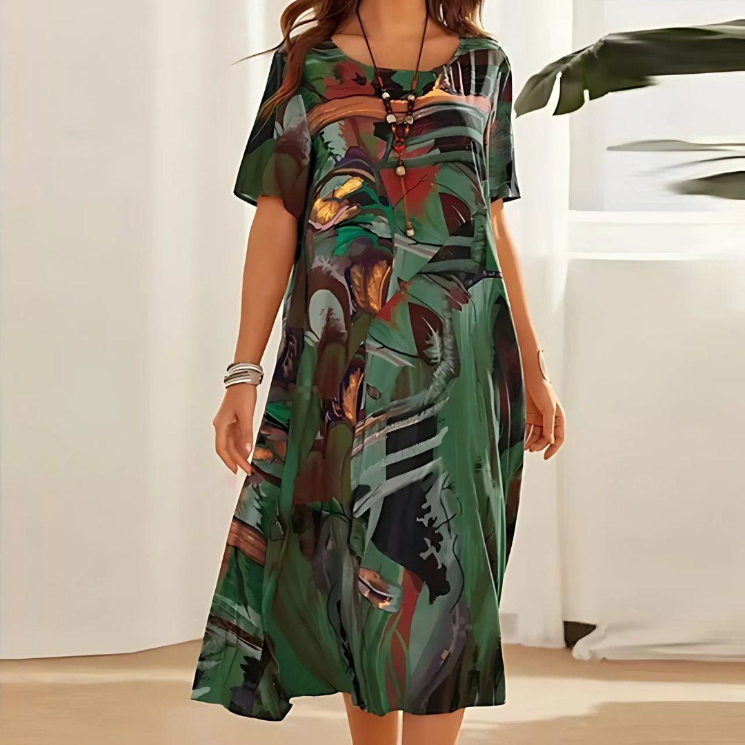 Women's Floral Dress with A-Line Cut and Short Sleeves