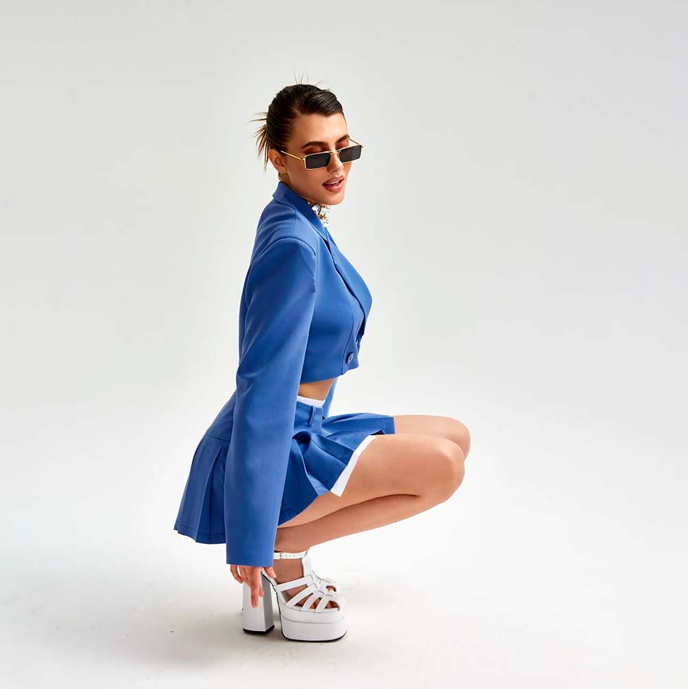 Women's Cropped Double-Breasted Blazer and Pleated Mini Skirt Set | Notch Lapels and Box Pleats