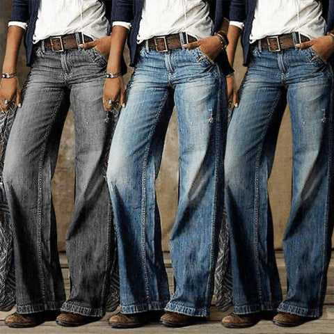 Women's Wide Leg Denim Jeans with High Waist and Retro Flare