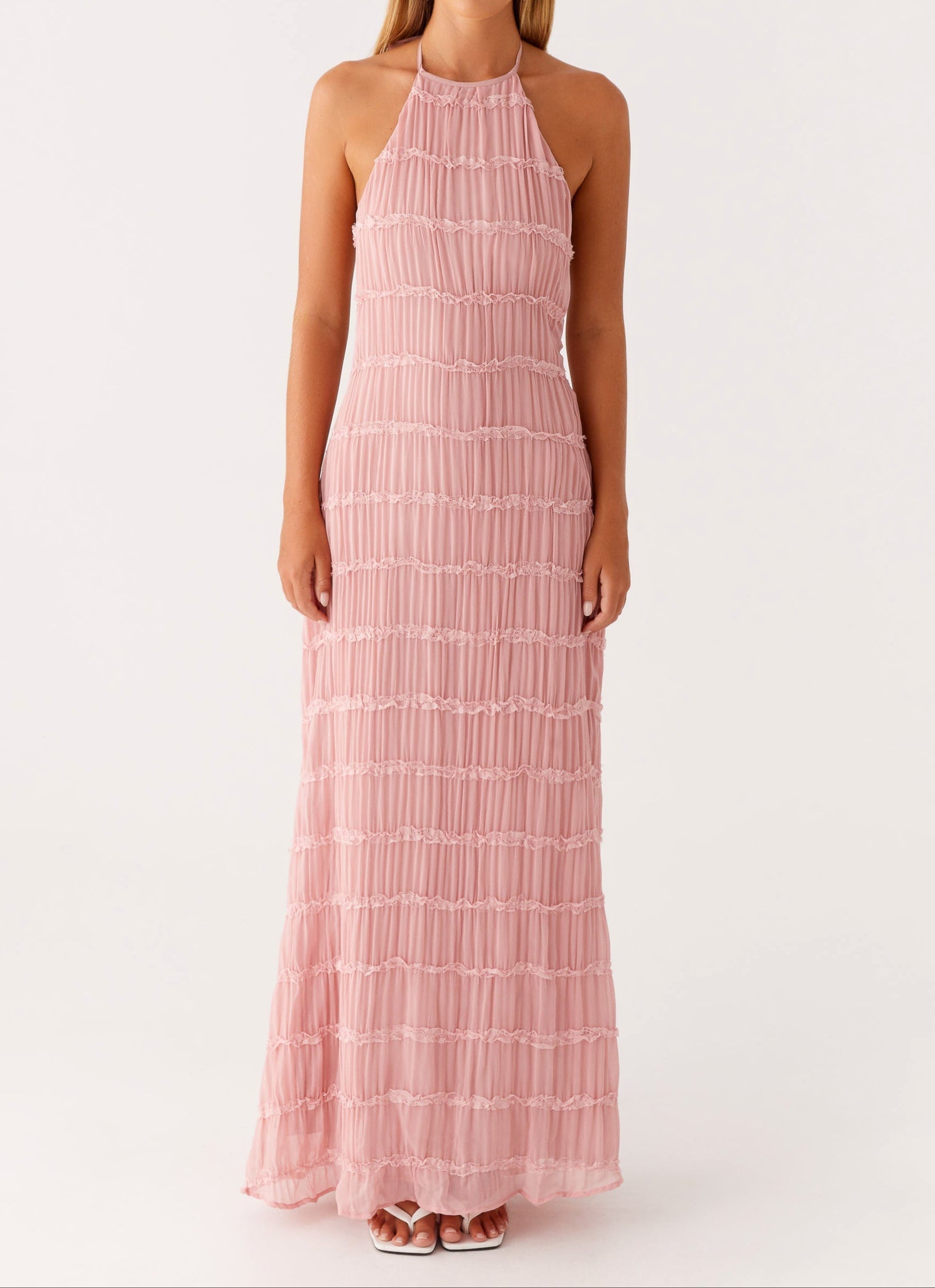 Women's Halter Maxi Dress with Flowing Skirt and Adjustable Neckline