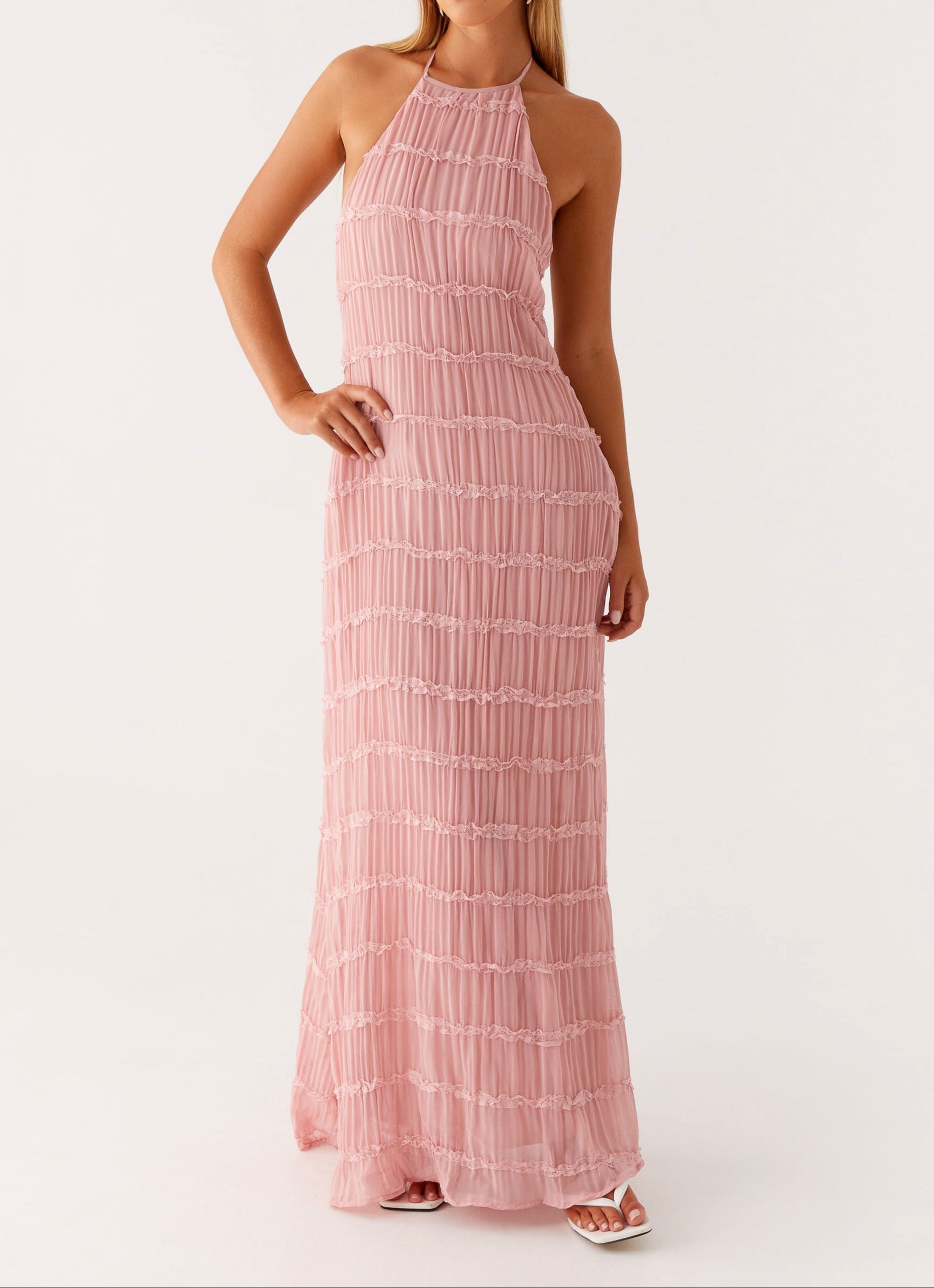 Women's Halter Maxi Dress with Flowing Skirt and Adjustable Neckline