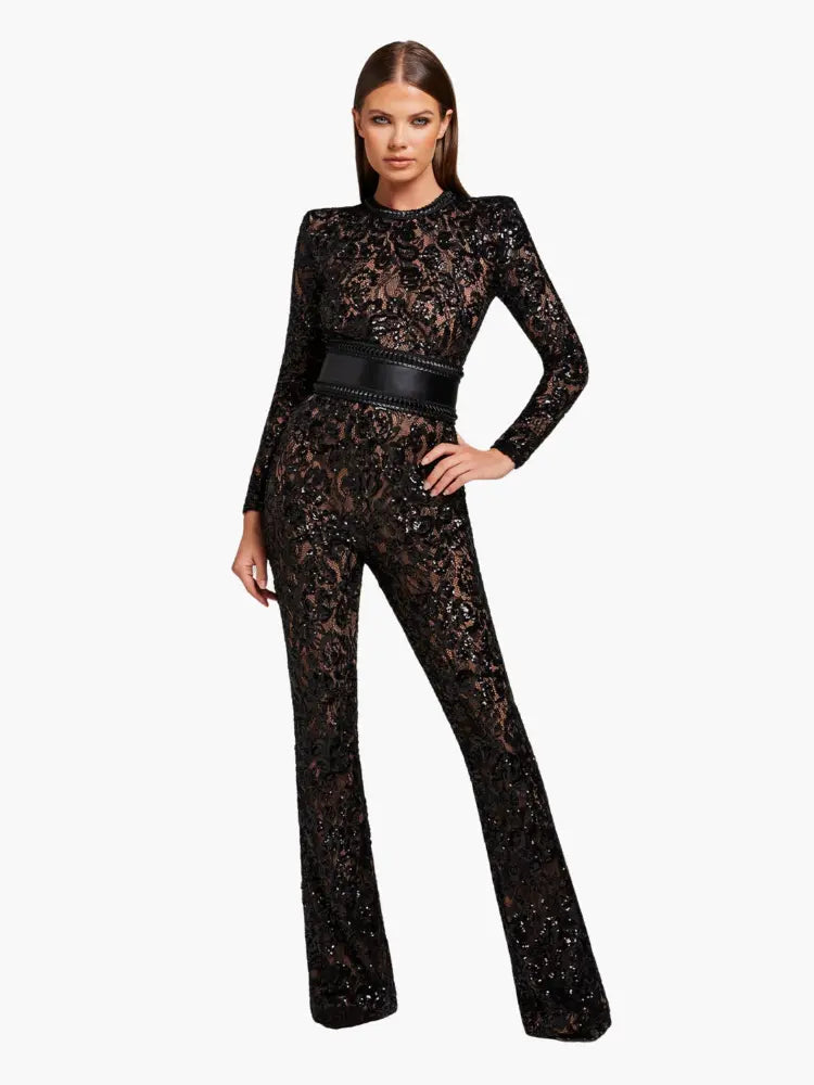Glamorous Black Sequin Jumpsuit with Belted Waist