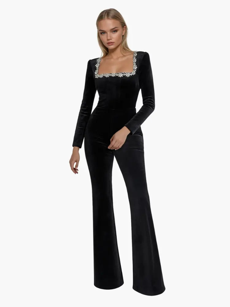 Elegant Black Jumpsuit with Embellished Square Neckline