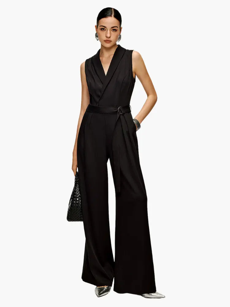 Black Sleeveless Wrap Jumpsuit with Belted Waist