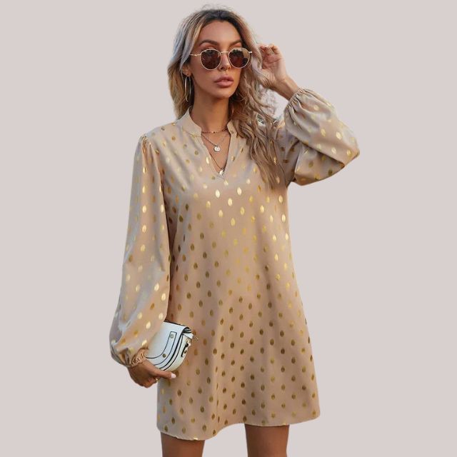 Women's Polka Dot Mini Dress with Short Sleeves and A-Line Cut