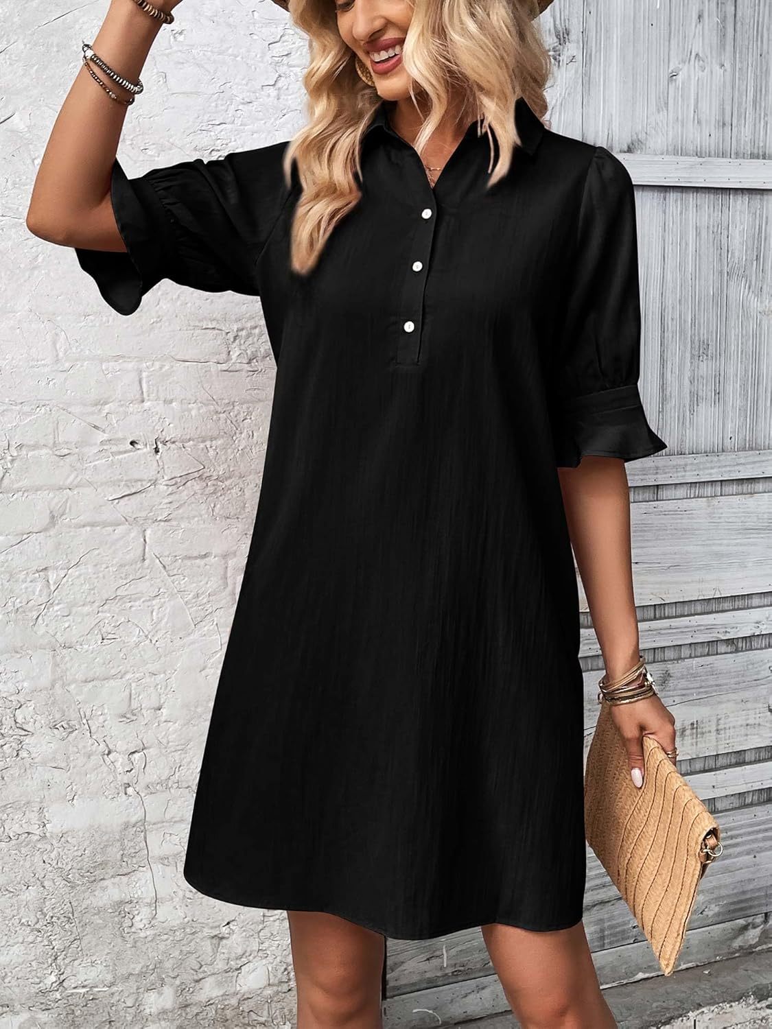 Women's Button-Down Shirt Dress with 3/4 Sleeves and Knee Length