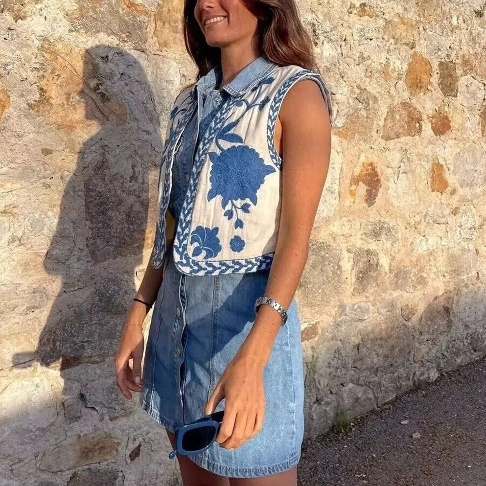 Women's Boho-Style Floral Vest with Open Front and Lightweight Design