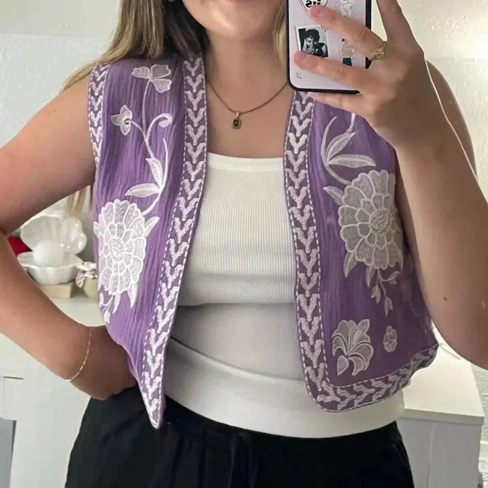 Women's Boho-Style Floral Vest with Open Front and Lightweight Design