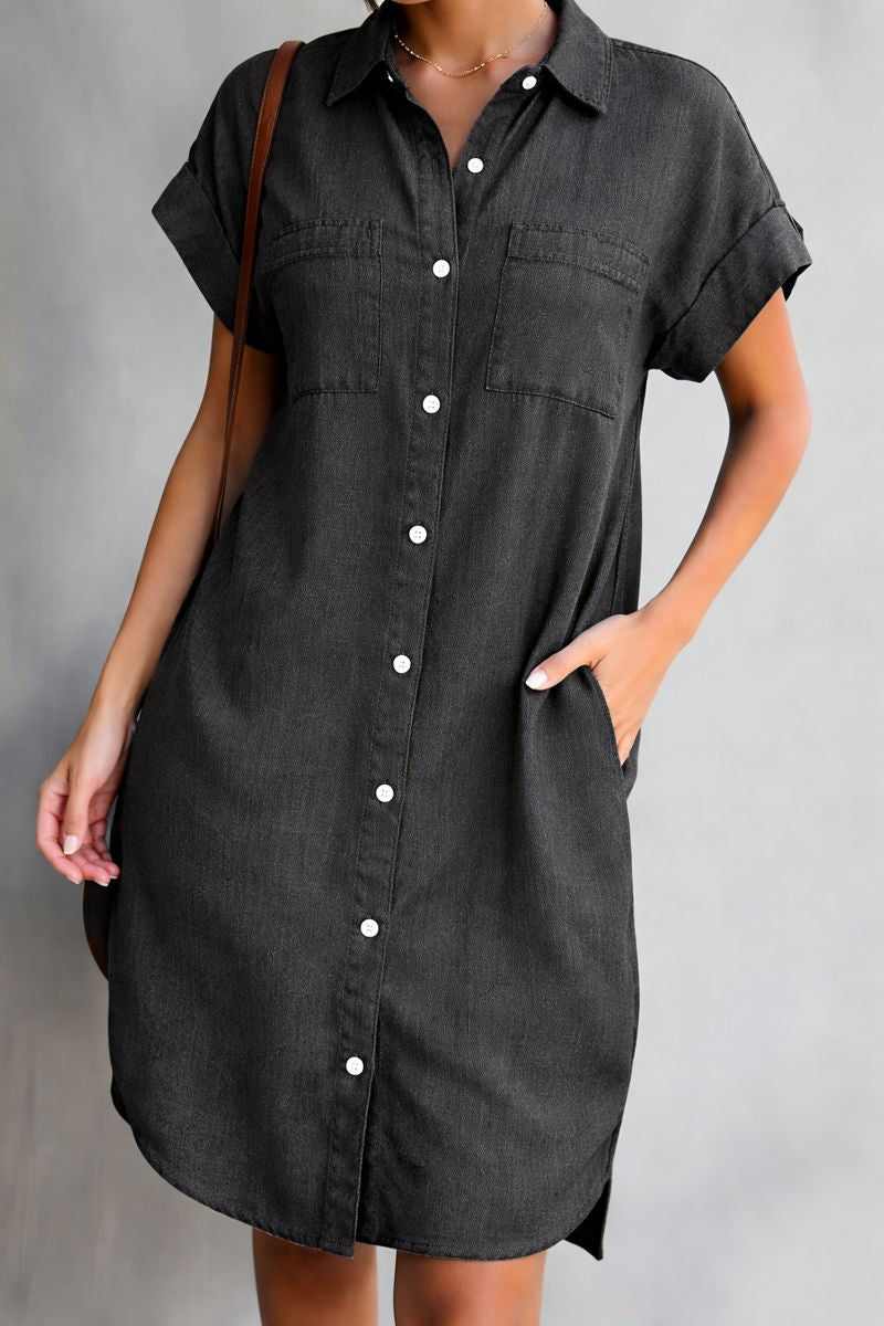 Women's Denim Dress with Short Sleeves and Relaxed Fit
