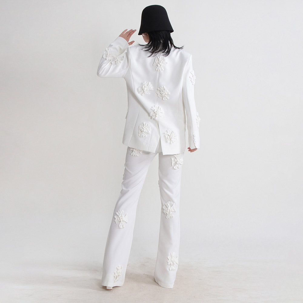 Women's Double-Breasted Blazer and Wide-Leg Pants Dressy Set | 3D Flower Appliques