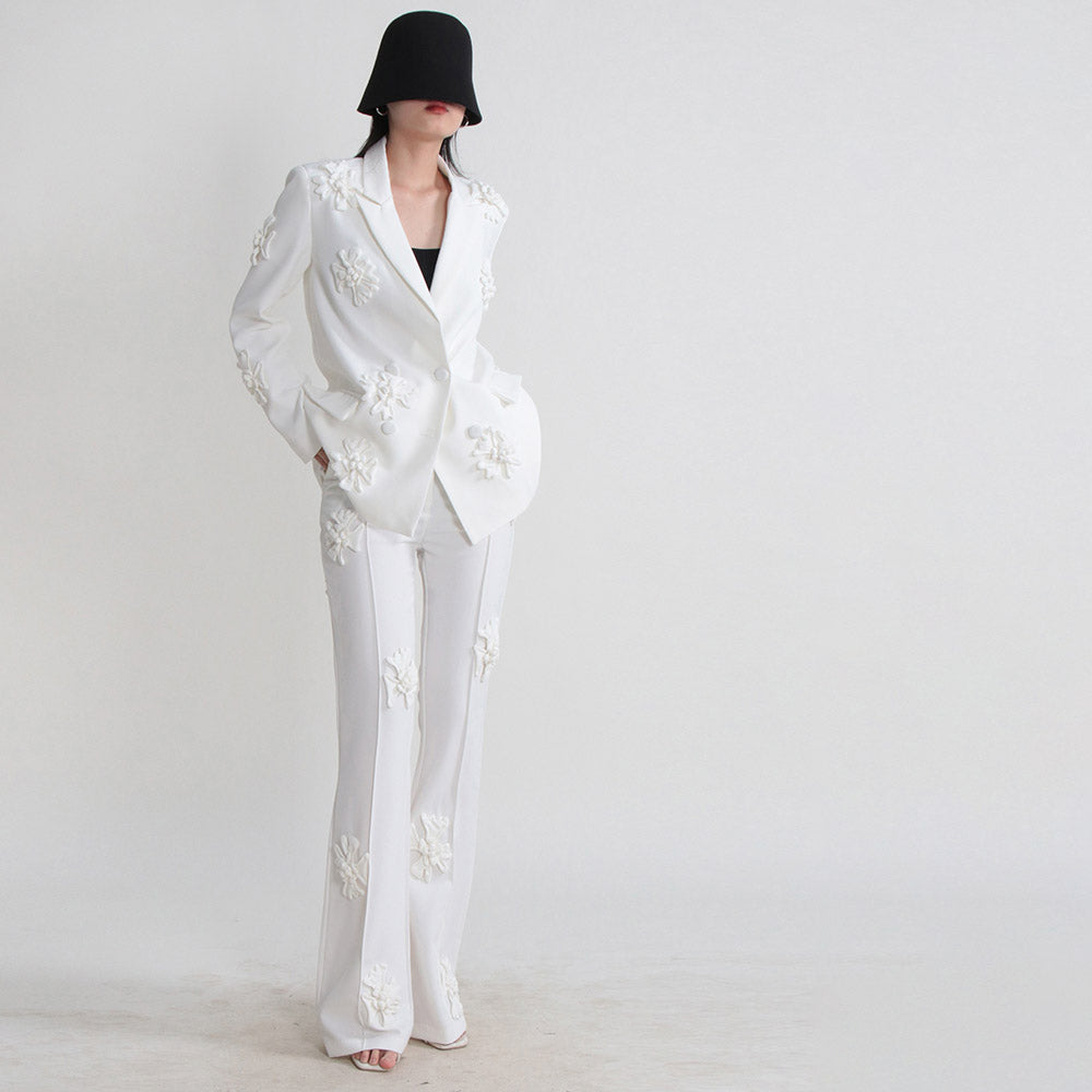 Women's Double-Breasted Blazer and Wide-Leg Pants Dressy Set | 3D Flower Appliques