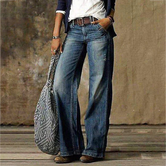 Women's Wide Leg Denim Jeans with High Waist and Retro Flare