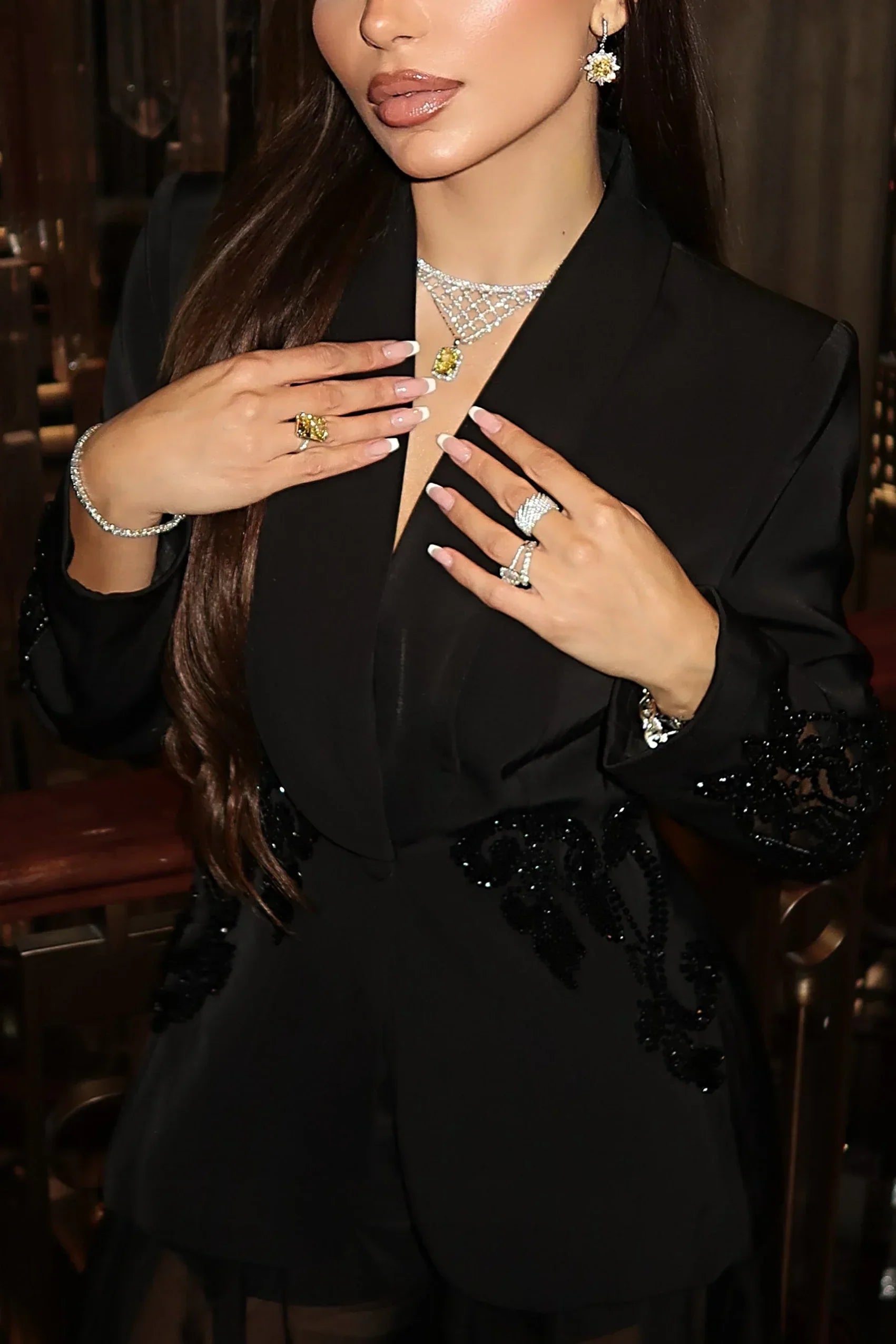 Women's Shawl Lapel Blazer and Sheer Wide-Leg Pants Set | Sequin and Bead Embellishments