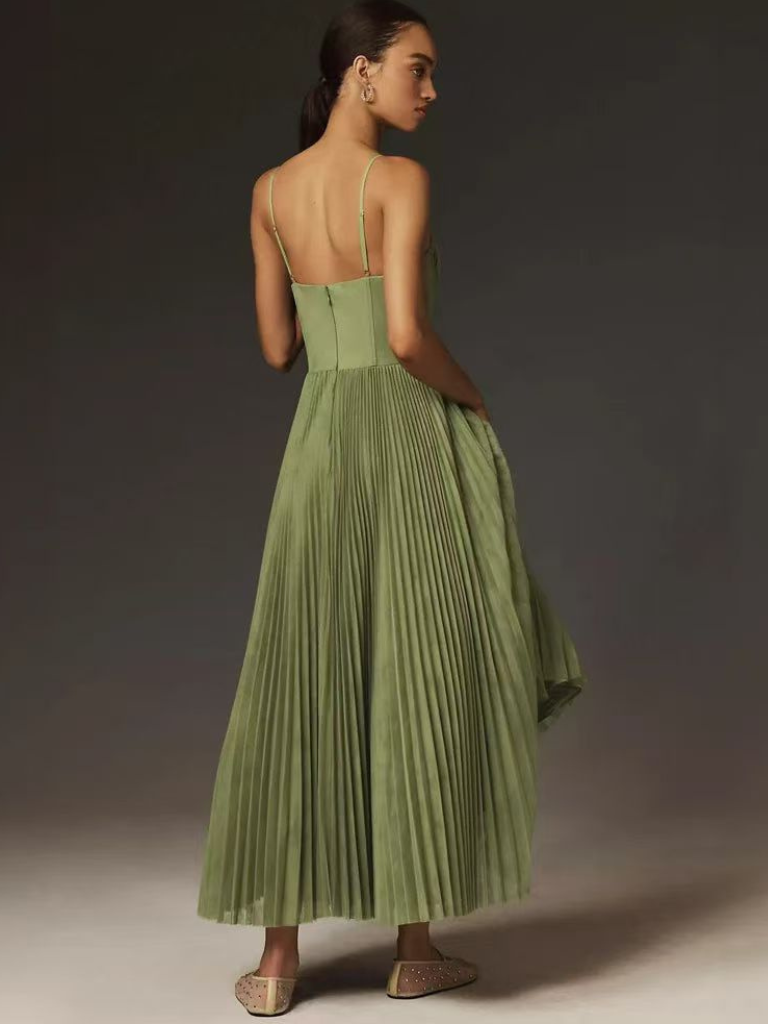 Women's Pleated Maxi Dress with Sculpted Design and Flowy Silhouette