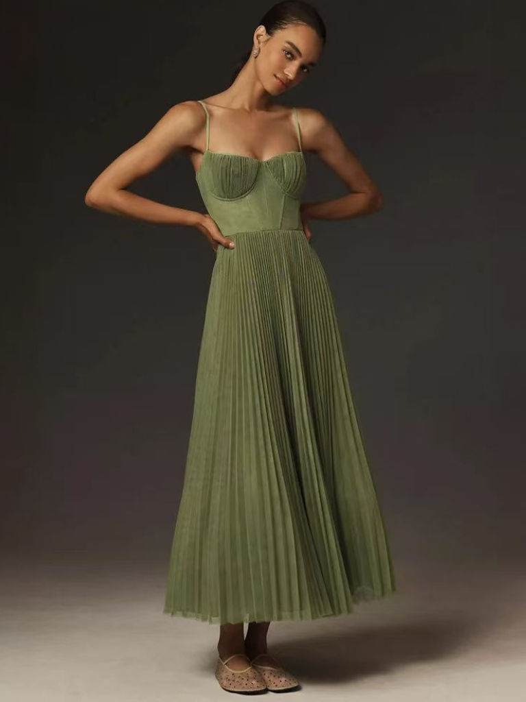Women's Pleated Maxi Dress with Sculpted Design and Flowy Silhouette