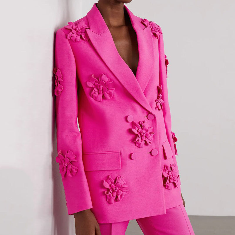Women's Double-Breasted Blazer and Wide-Leg Pants Dressy Set | 3D Flower Appliques