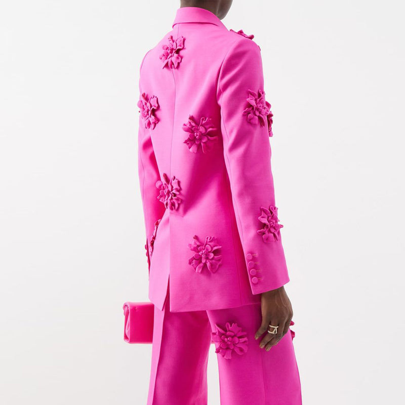 Women's Double-Breasted Blazer and Wide-Leg Pants Dressy Set | 3D Flower Appliques