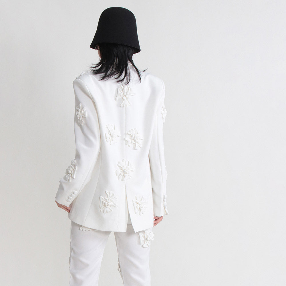 Women's Double-Breasted Blazer and Wide-Leg Pants Dressy Set | 3D Flower Appliques