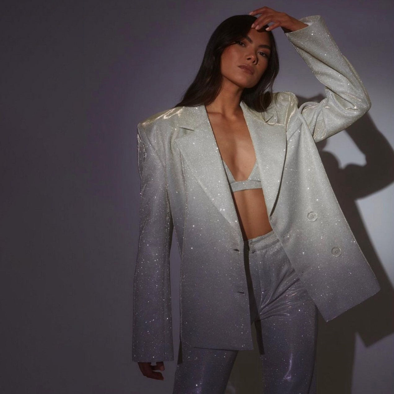 Women's Open-Front Blazer and Bralette and Wide-Leg Pants Set | Glitter Three-Piece
