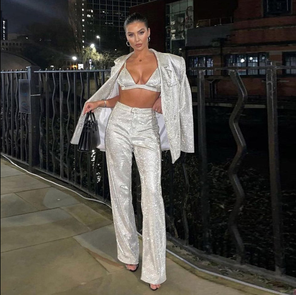 Women's Open-Front Blazer and Bralette and Wide-Leg Pants Set | Glitter Three-Piece