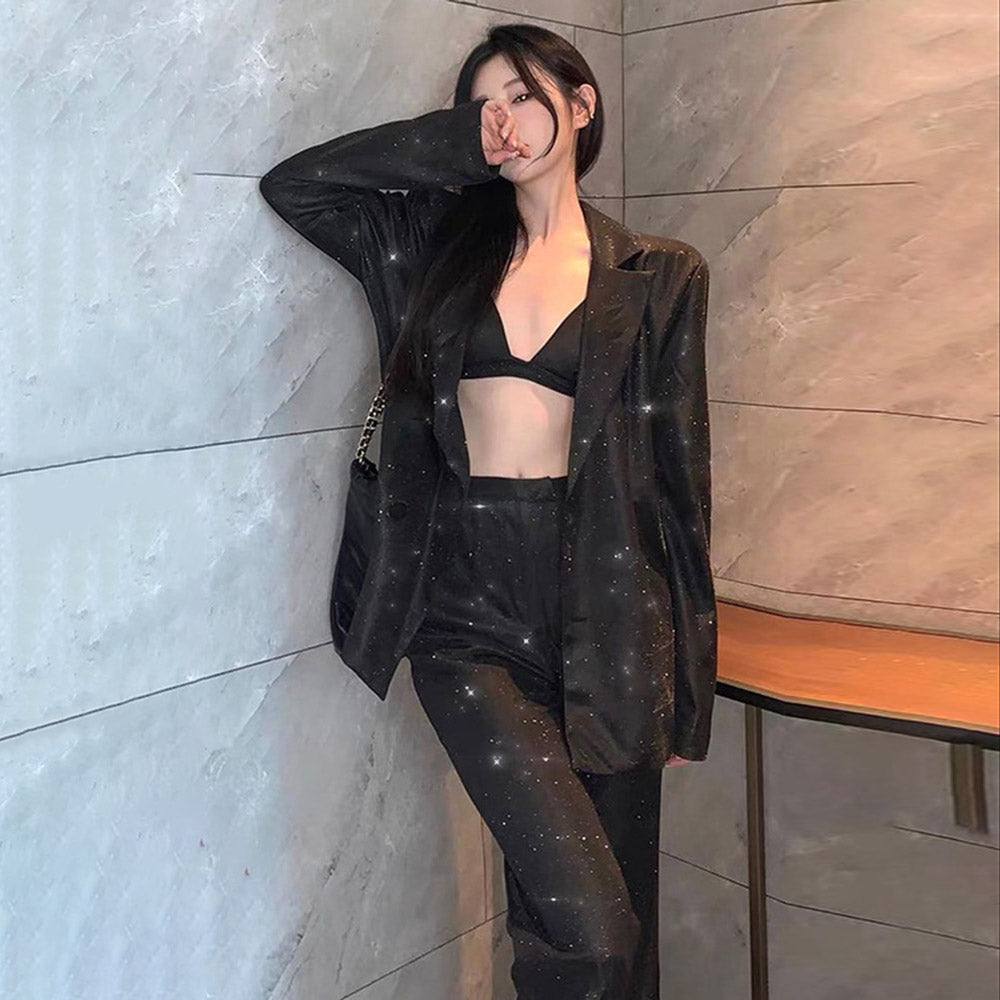 Women's Open-Front Blazer and Bralette and Wide-Leg Pants Set | Glitter Three-Piece