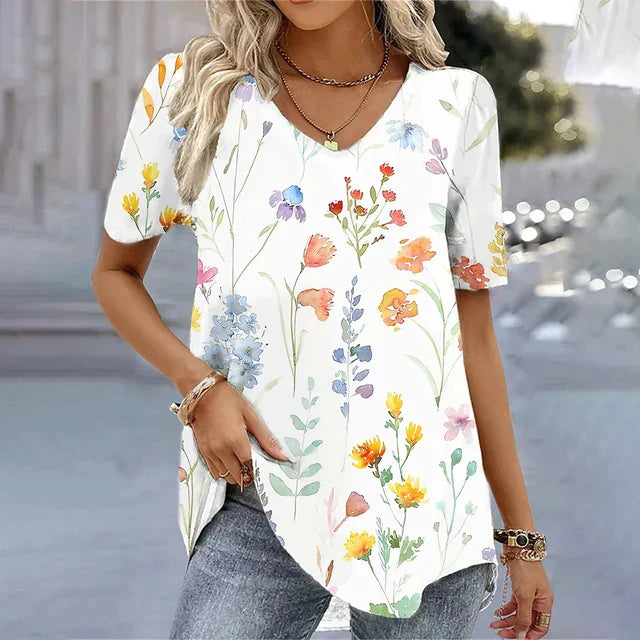 Women's Striped V-Neck Top with Short Sleeves and Soft Fabric