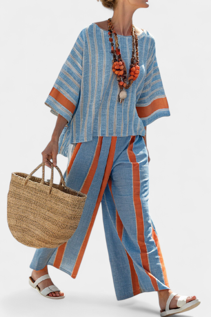 Women's Striped Two-Piece Set with Wide Leg Pants and Short Sleeve Top