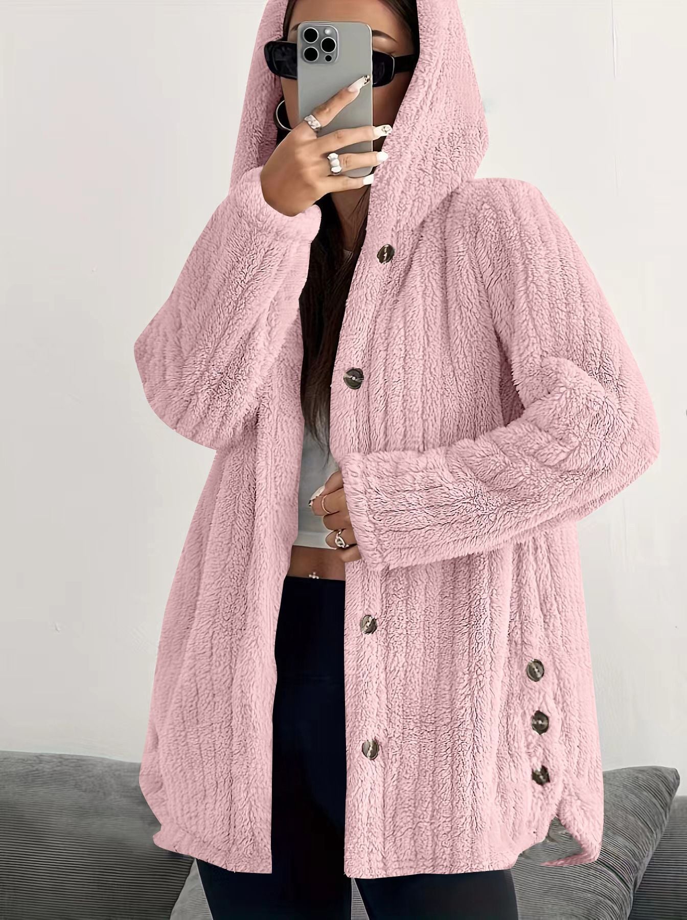 Women's Hooded Cardigan with Front Pockets and Long Sleeves