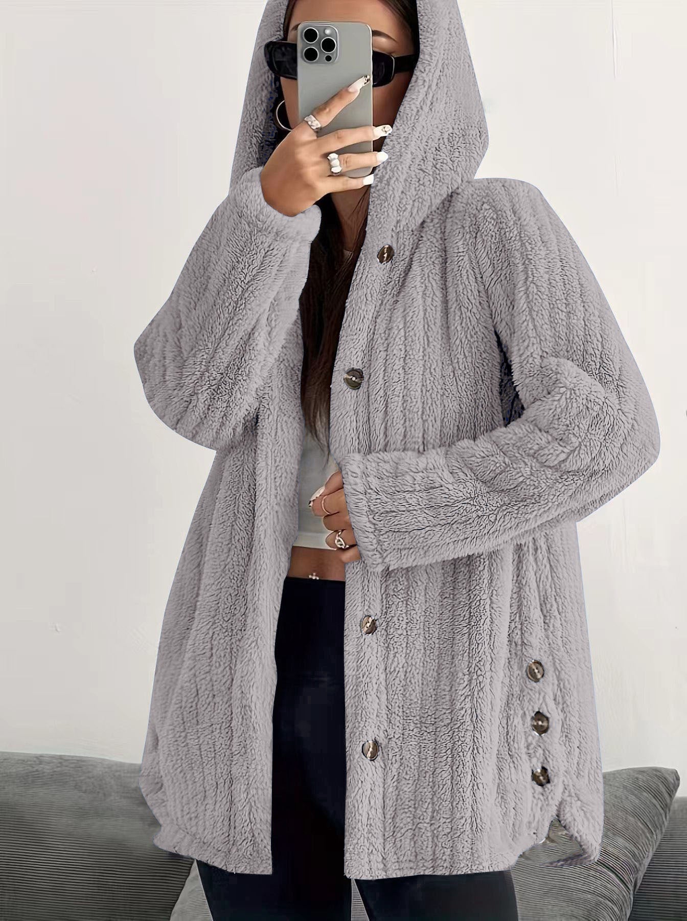 Women's Hooded Cardigan with Front Pockets and Long Sleeves