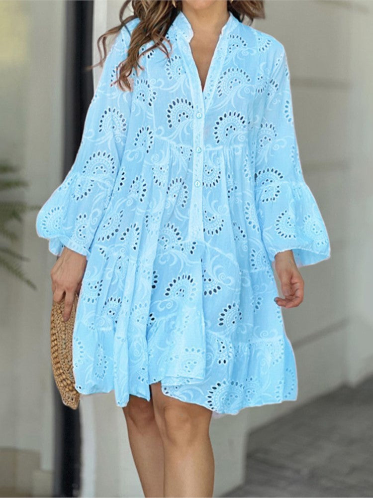 Women's Tiered Mini Dress with Patterned Design and Flared Skirt