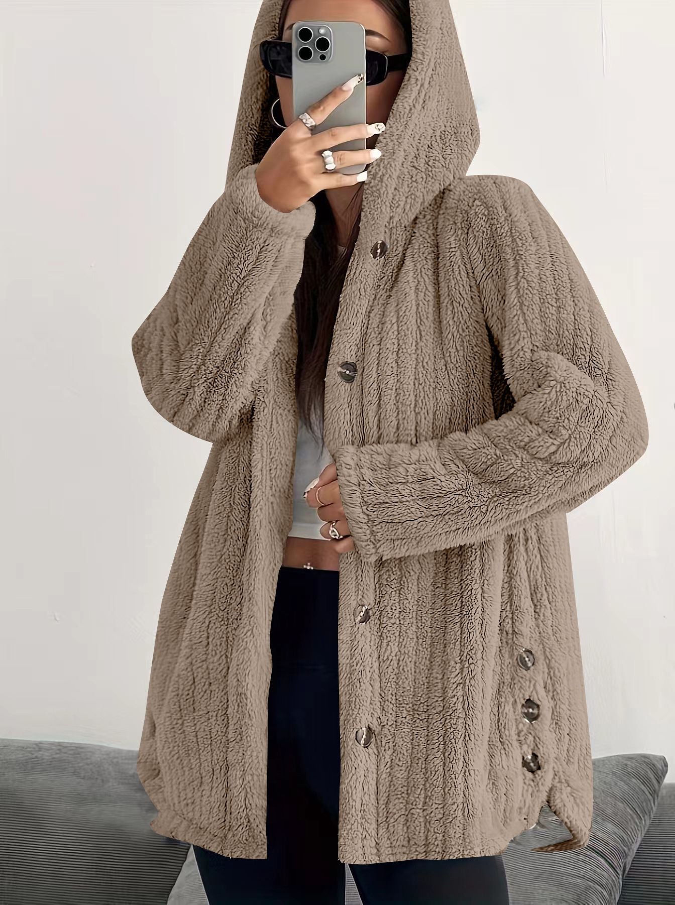 Women's Hooded Cardigan with Front Pockets and Long Sleeves