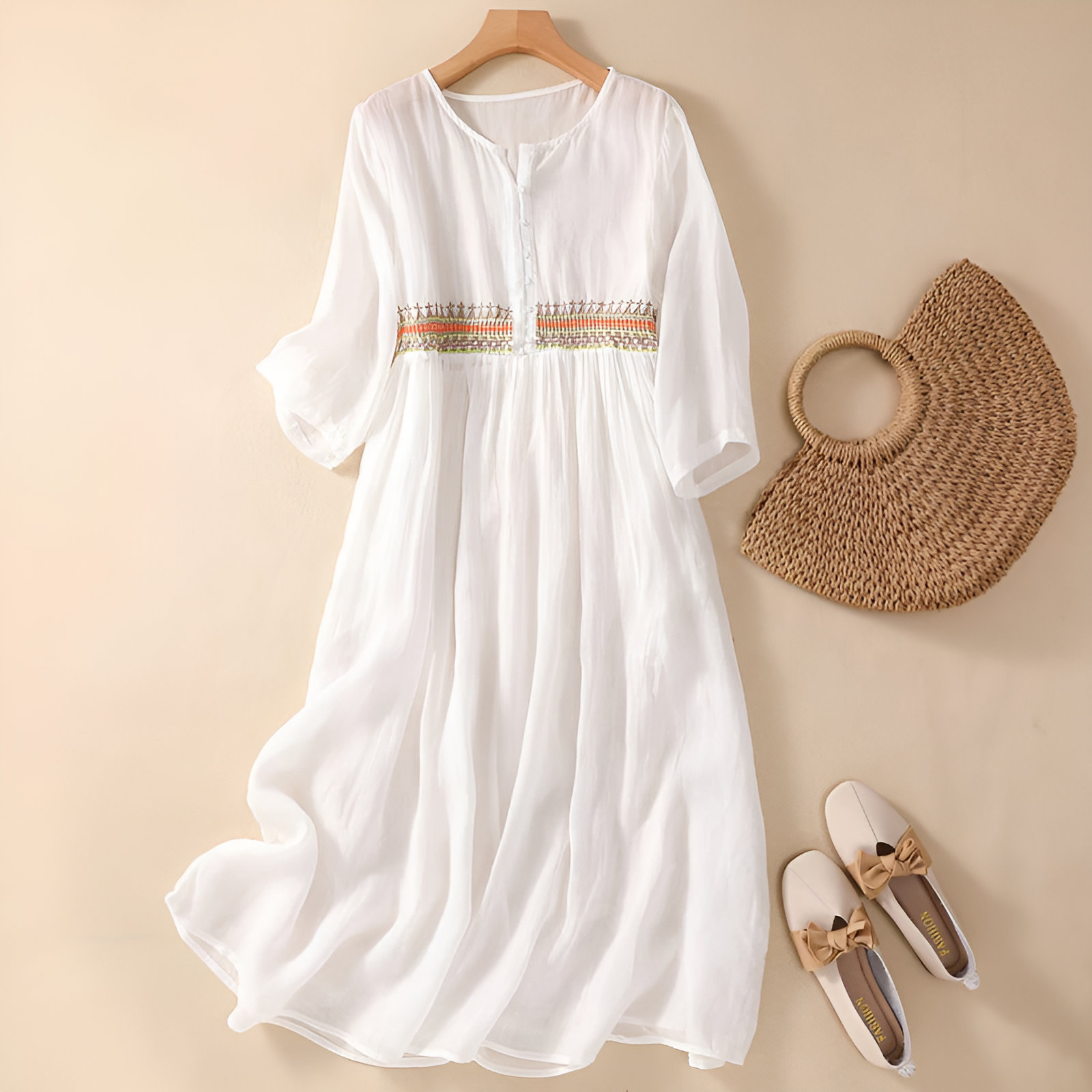 Women's Patterned Midi Dress with Flowy Skirt and Adjustable Straps