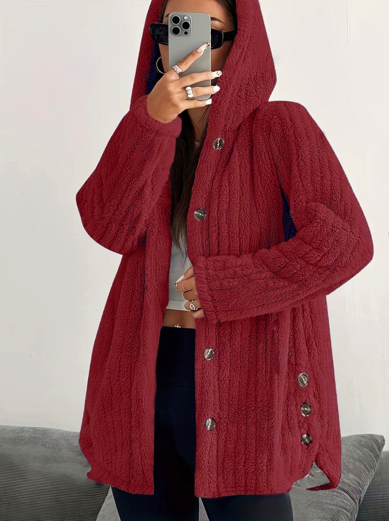 Women's Hooded Cardigan with Front Pockets and Long Sleeves